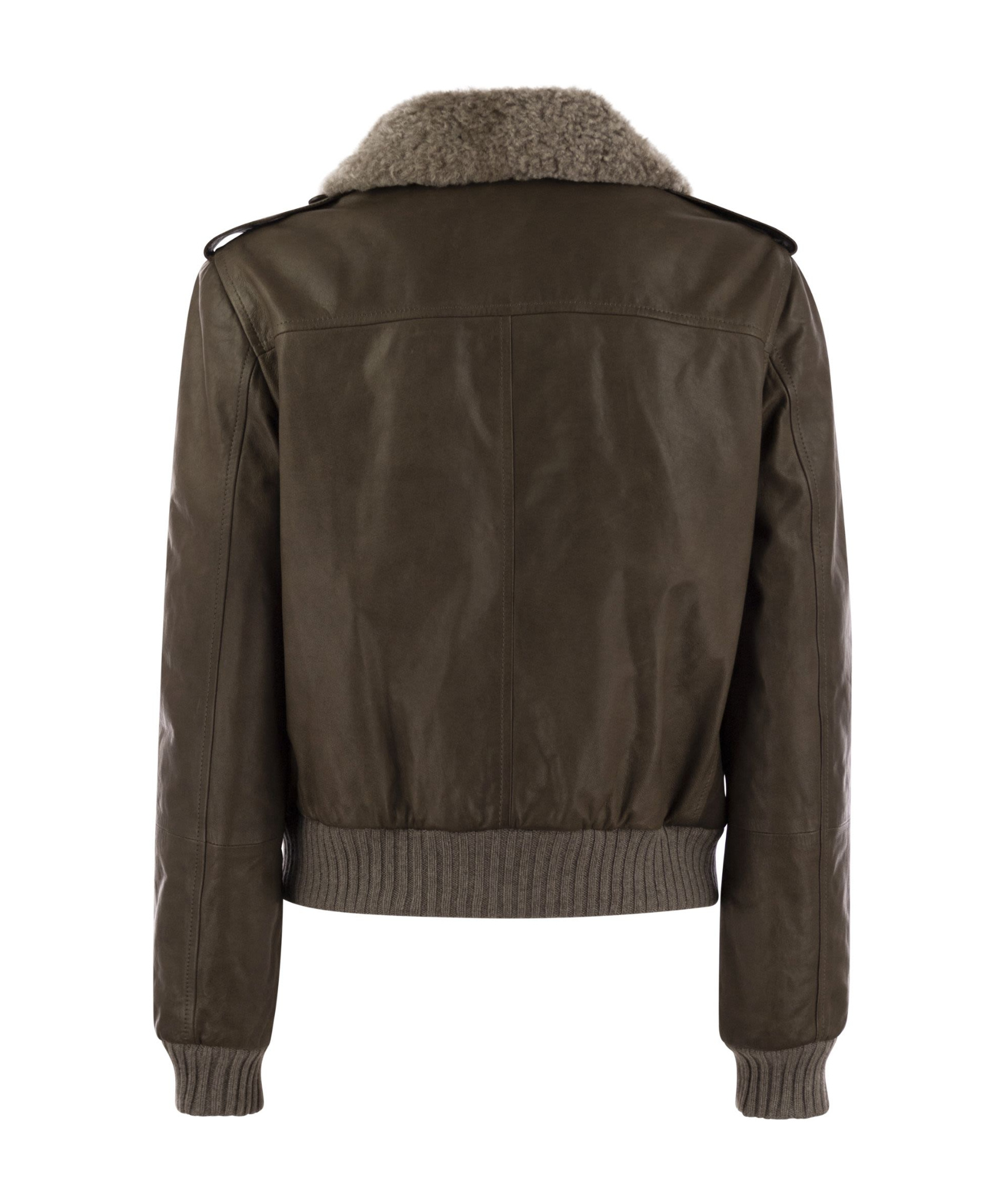 Brunello Cucinelli Women Leather Bomber Jacket And Shearling Collar In Brown