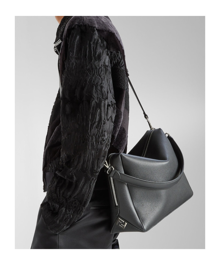 Fendi Medium Shoulder Bag Adjustable Strap Metal Hardware Textured Finish In Black
