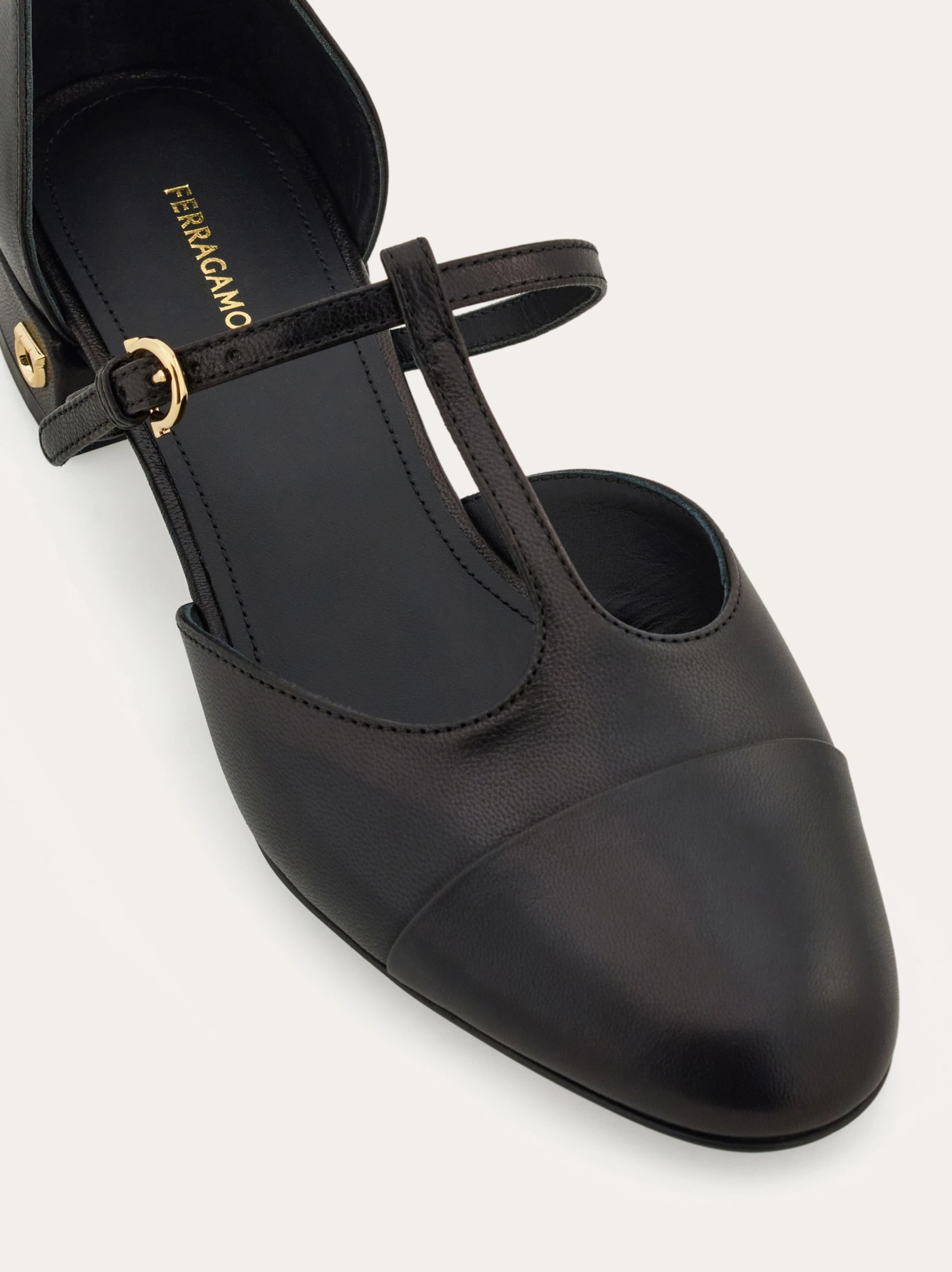 Ferragamo Linette Leather T-strap Ballerina Flats In Black