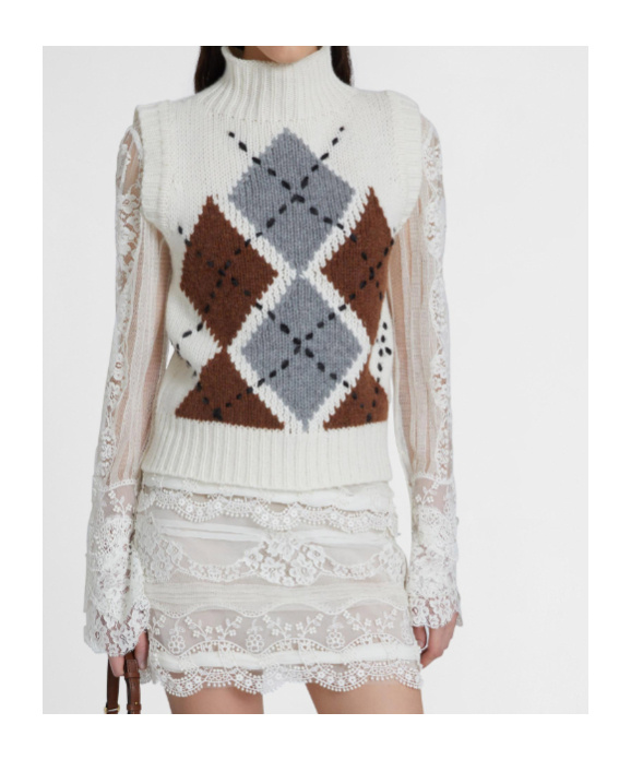 Ermanno Scervino Pure Cashmere Top With Two-tone Argyle Motif In White