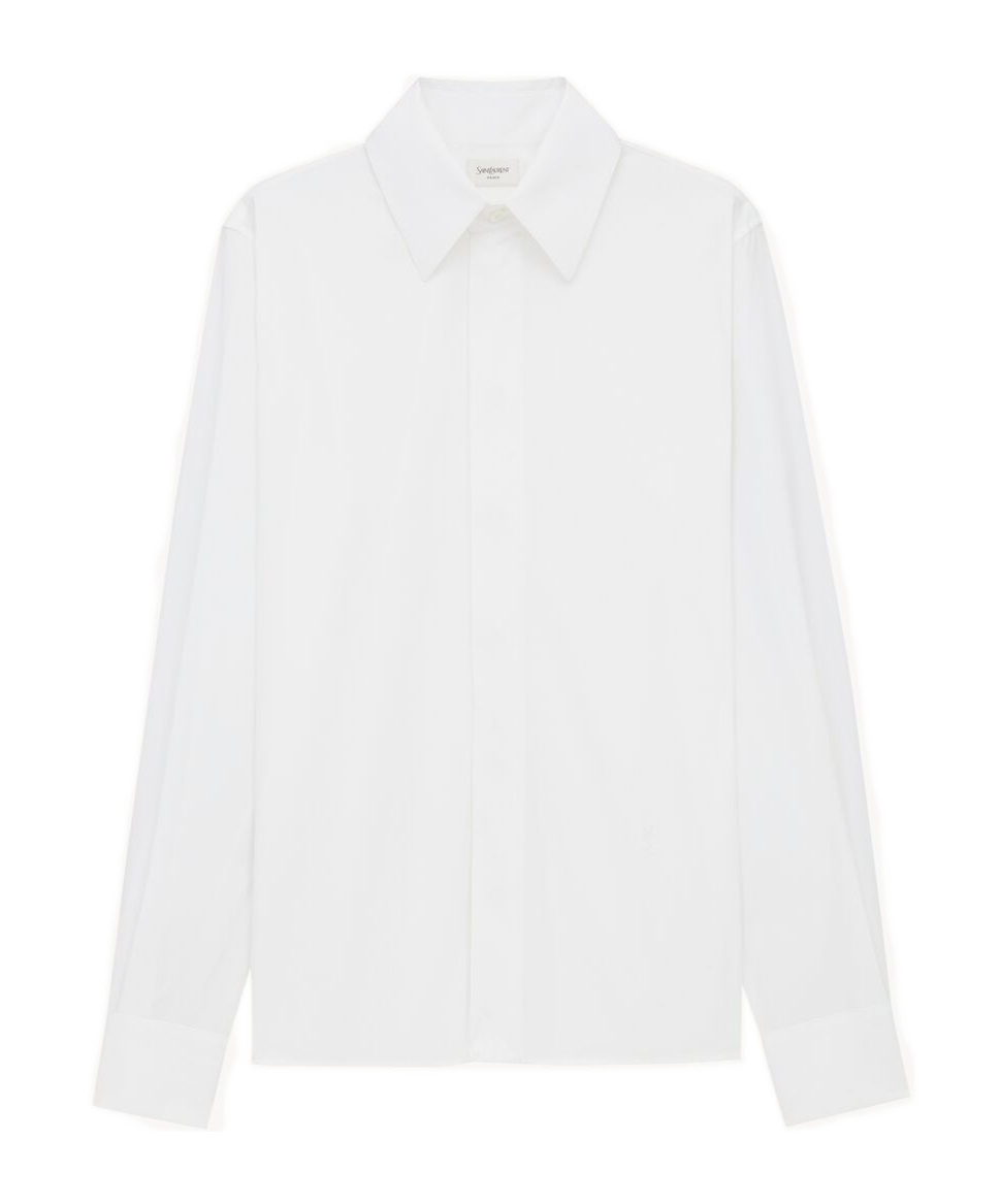 Saint Laurent Cassandre Shirt In Self-stripe Cotton Poplin In White