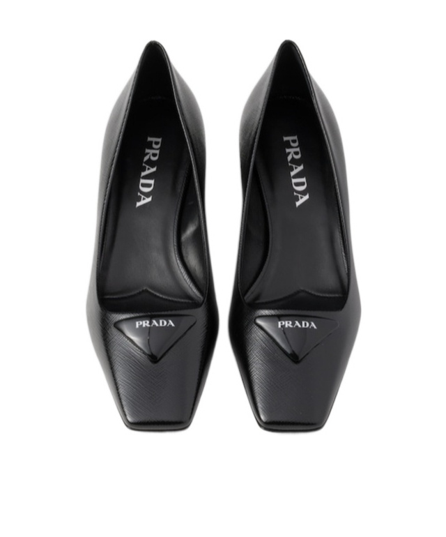 Prada Triangle Saffiano Patent Pump In Black