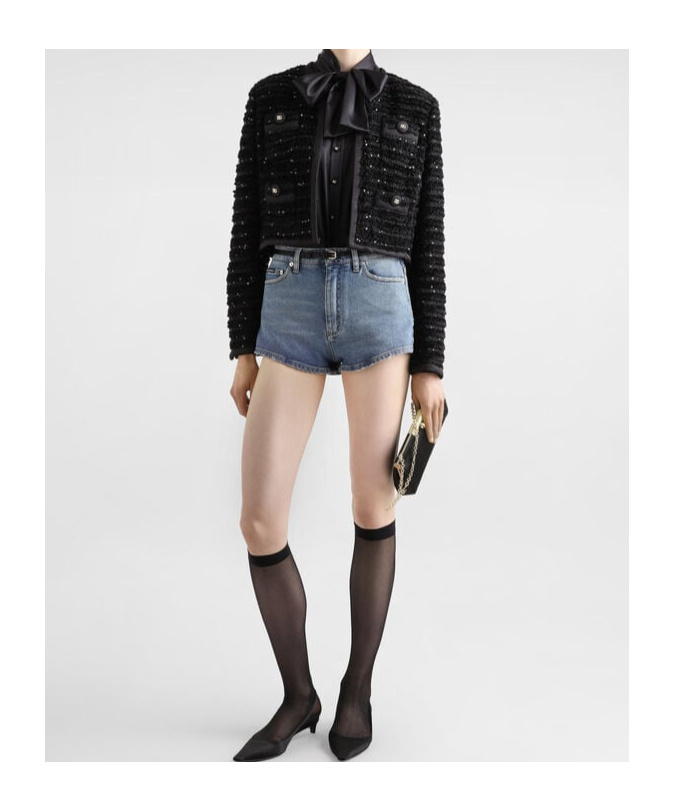 Dolce & Gabbana Short Single-breasted Tweed Jacket With Micro-sequin Embellishment In Black
