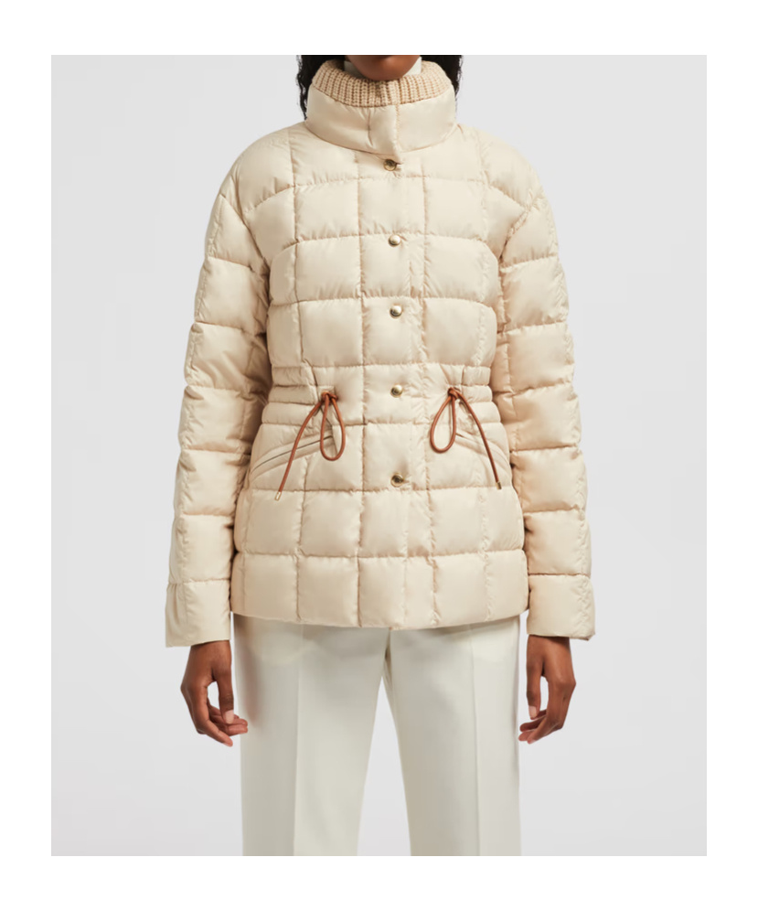 Moncler Antigone Leather-trimmed Short Down Jacket Beige In Neutral