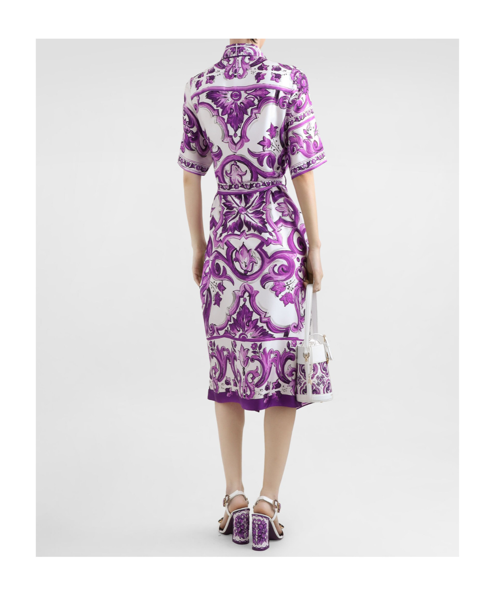 Dolce & Gabbana Collar Dress With Waist Knot And Majolica Print In Purple