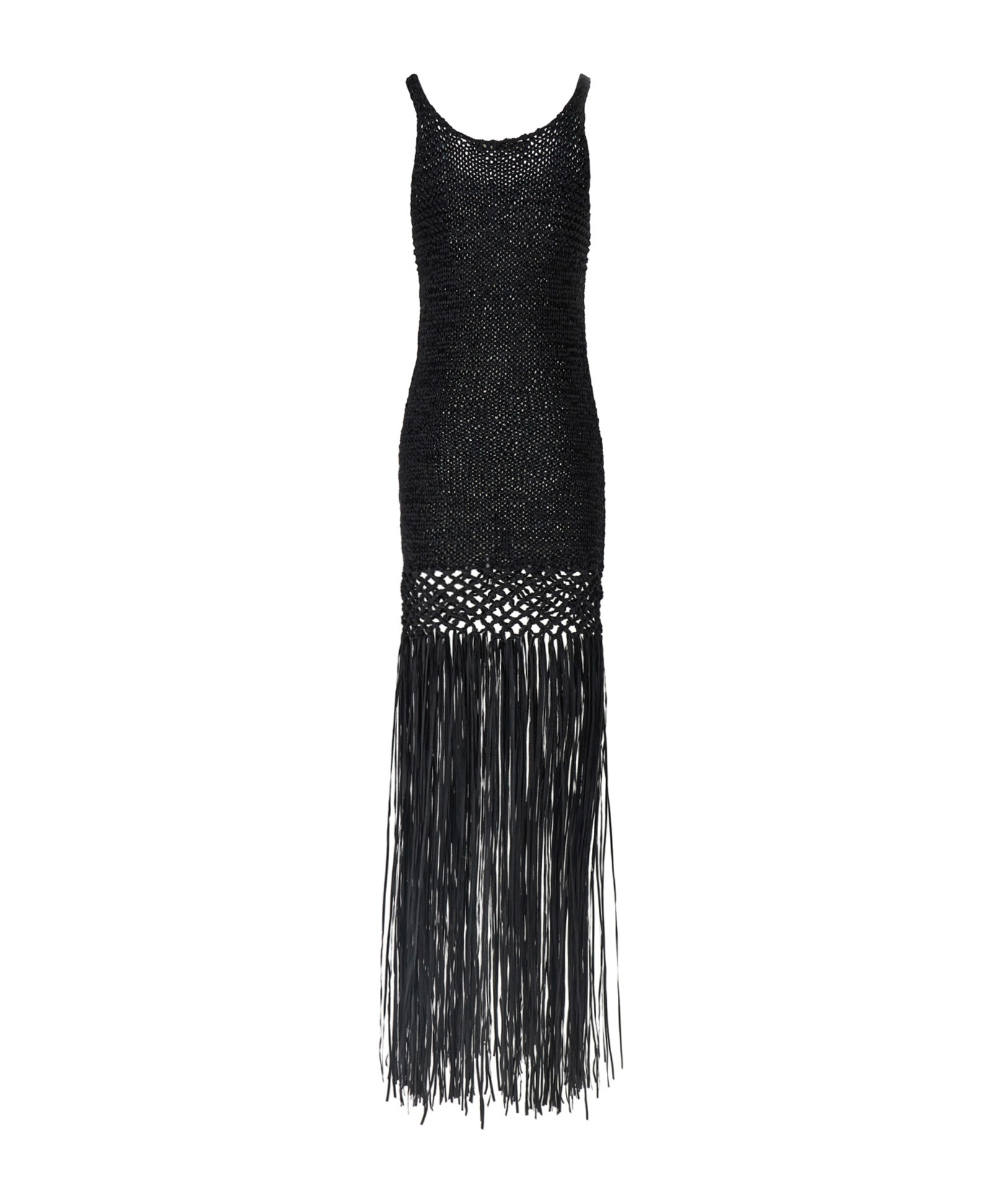 Philosophy Di Lorenzo Serafini Black Long Dress With U-neck And Long Fringes Applied To The Edges In Fabric Woman In Black