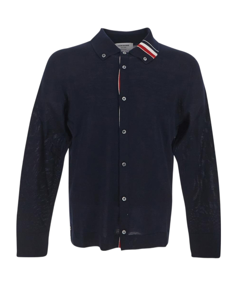 Shop Thom Browne Contrasting Stripe-trim Knit Cardigan In Blue