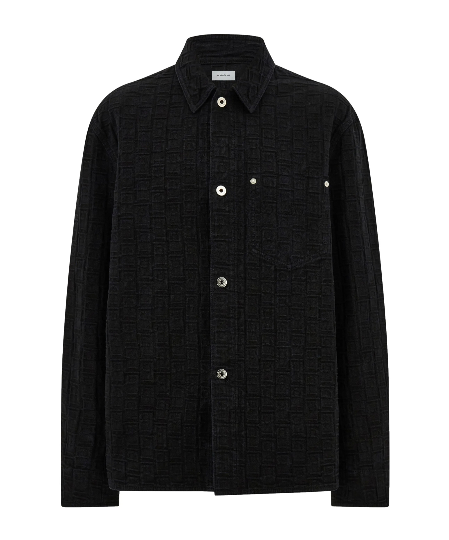 Ferragamo Denim Shirt With Chest Pocket And Textured Fabric In Black