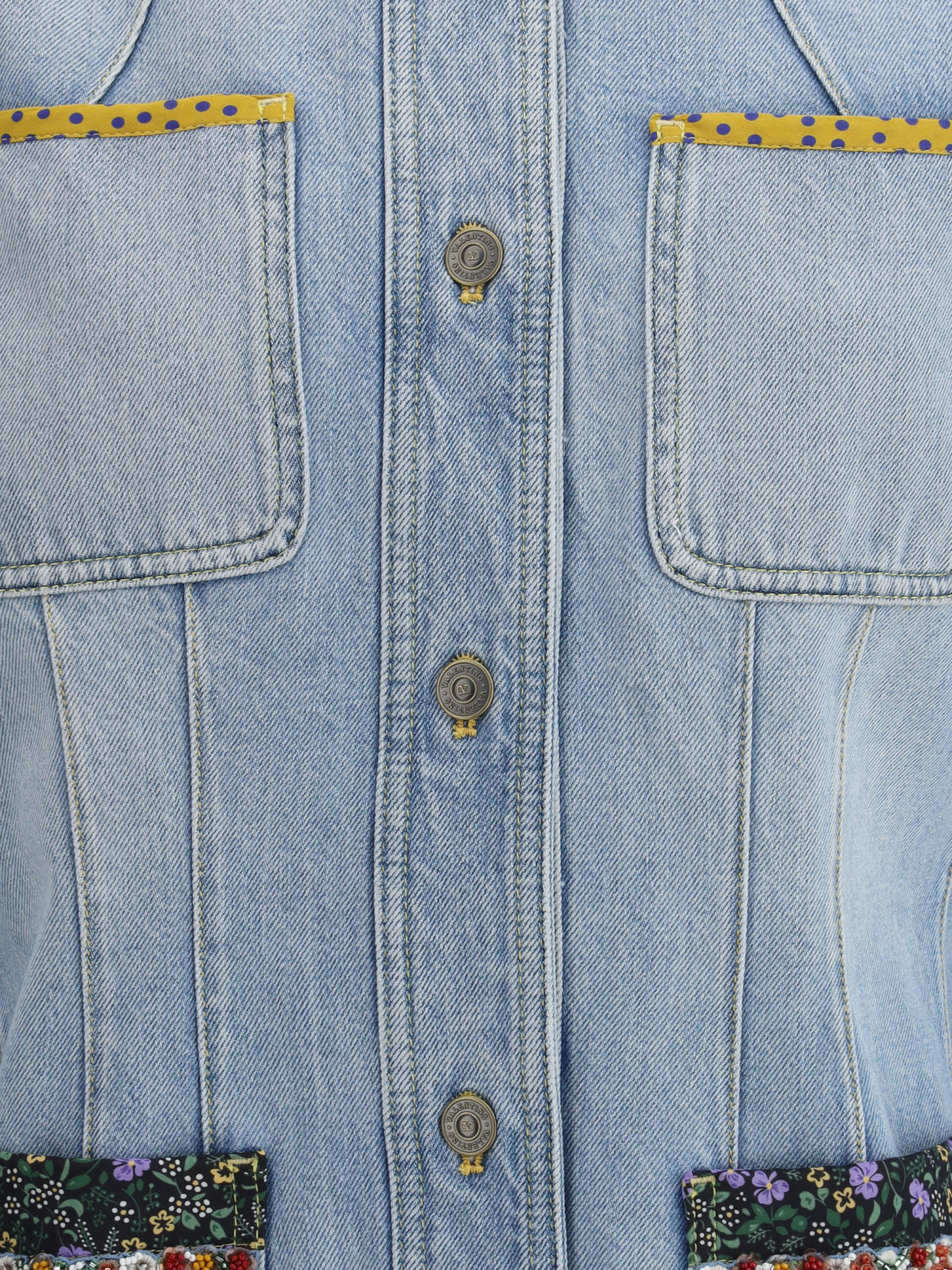 Valentino Embellished Printed Chiffon-trimmed Denim Jacket In Blue