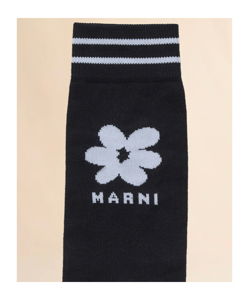 MARNI BLACK COTTON SOCKS WITH LIGHT BLUE JACQUARD FLOWER DETAIL