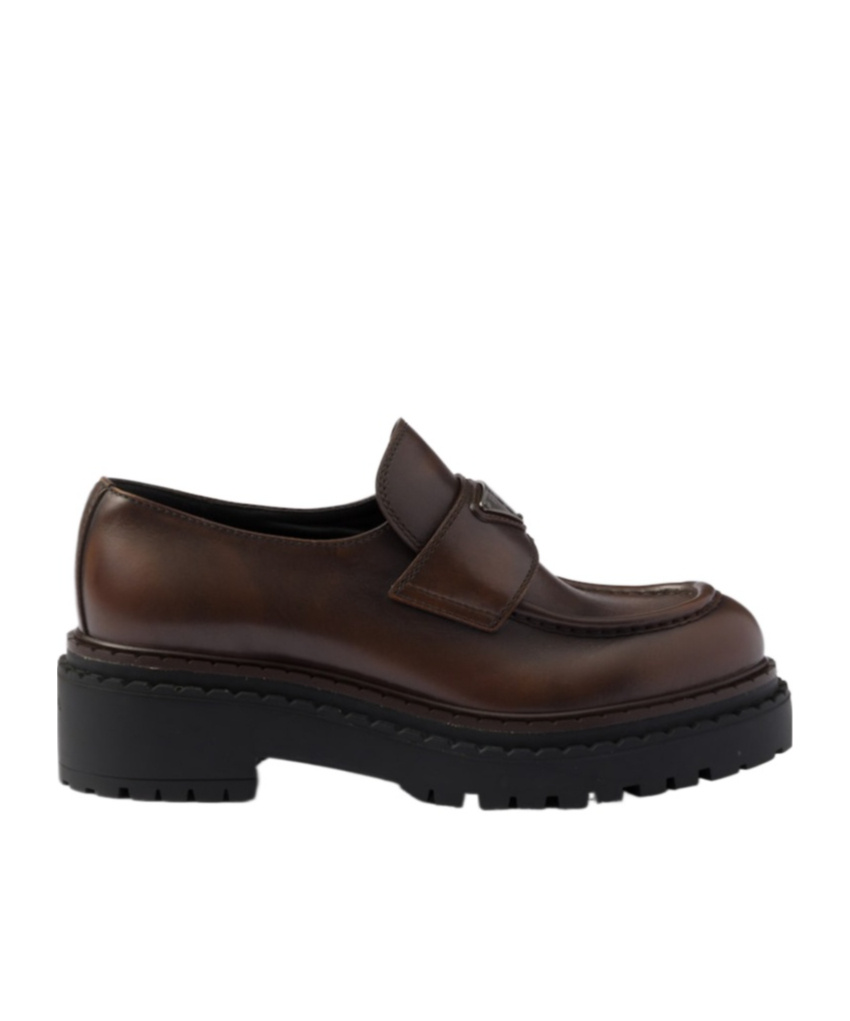 Prada Chocolate Cognac Brushed Leather Moccasin Women In Brown