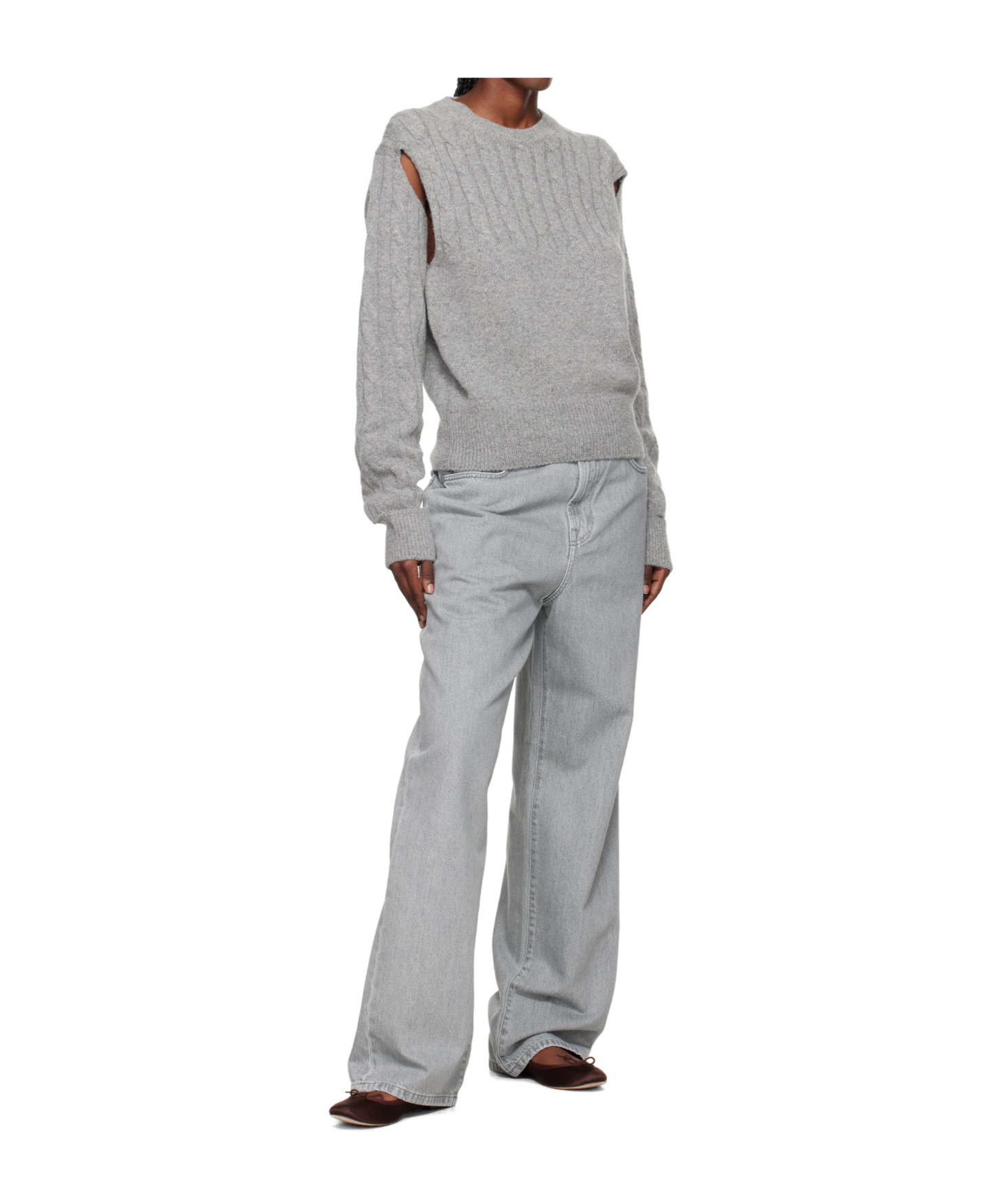 Open Yy Convertible Cable Knit Sweater In Gray