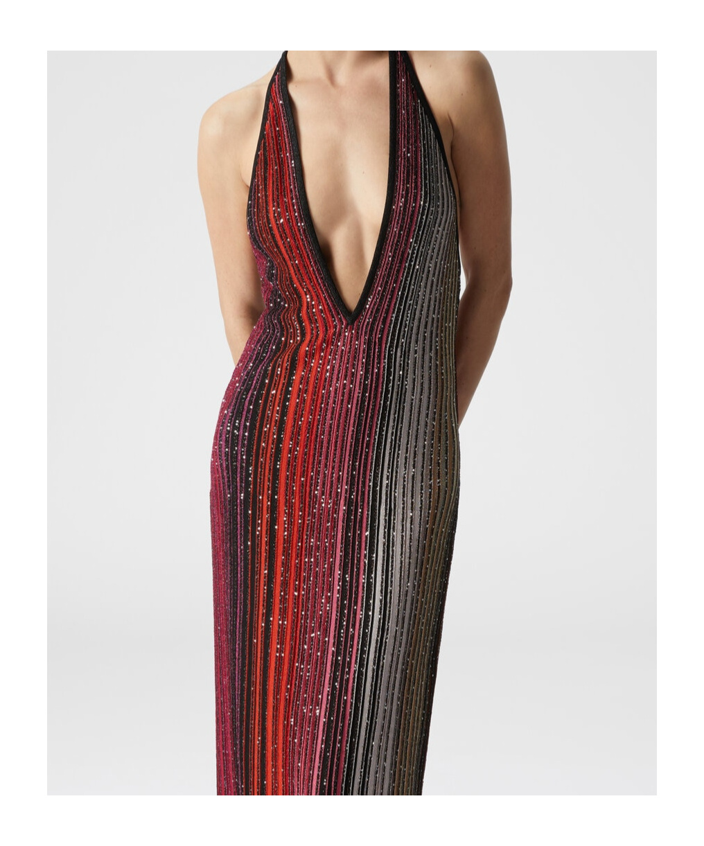 Missoni Striped Partialized Midi Dress With Sequins And V-neck In Black And Red