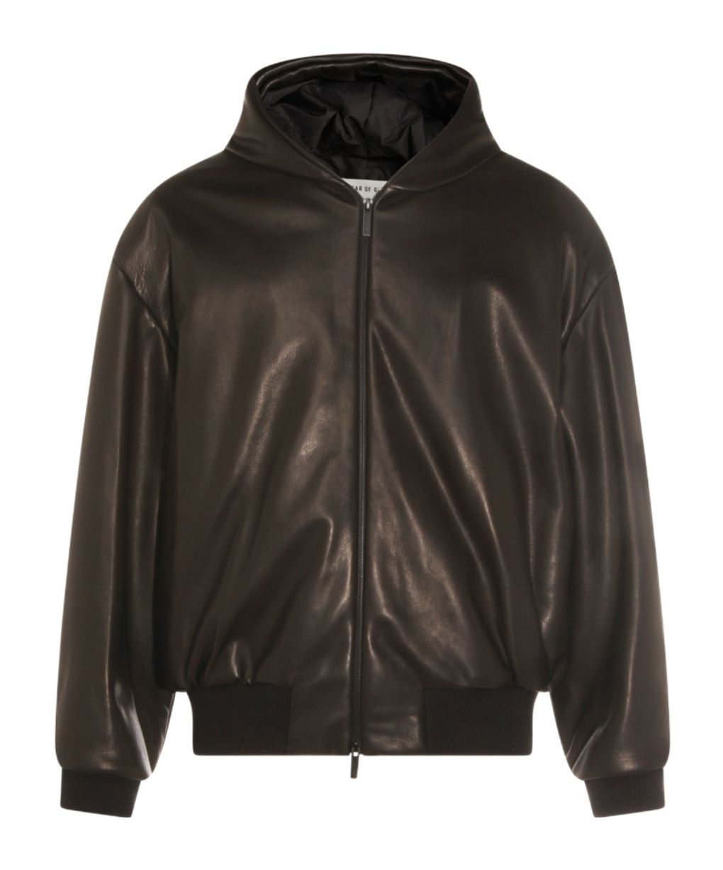 Fear Of God Hooded Leather Jacket With Ribbed Cuffs And Hem In Brown