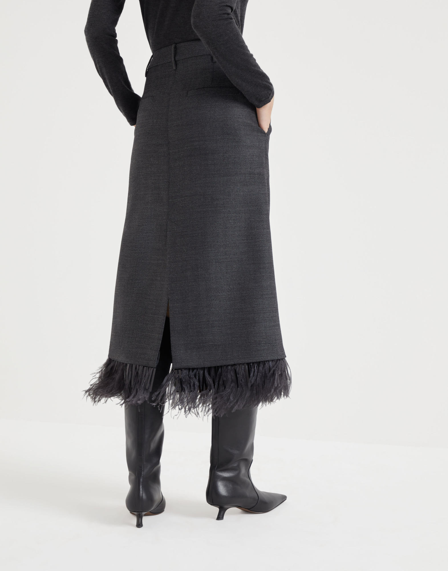 Brunello Cucinelli Virgin Wool Column Skirt With Detachable Feather Trim In Black