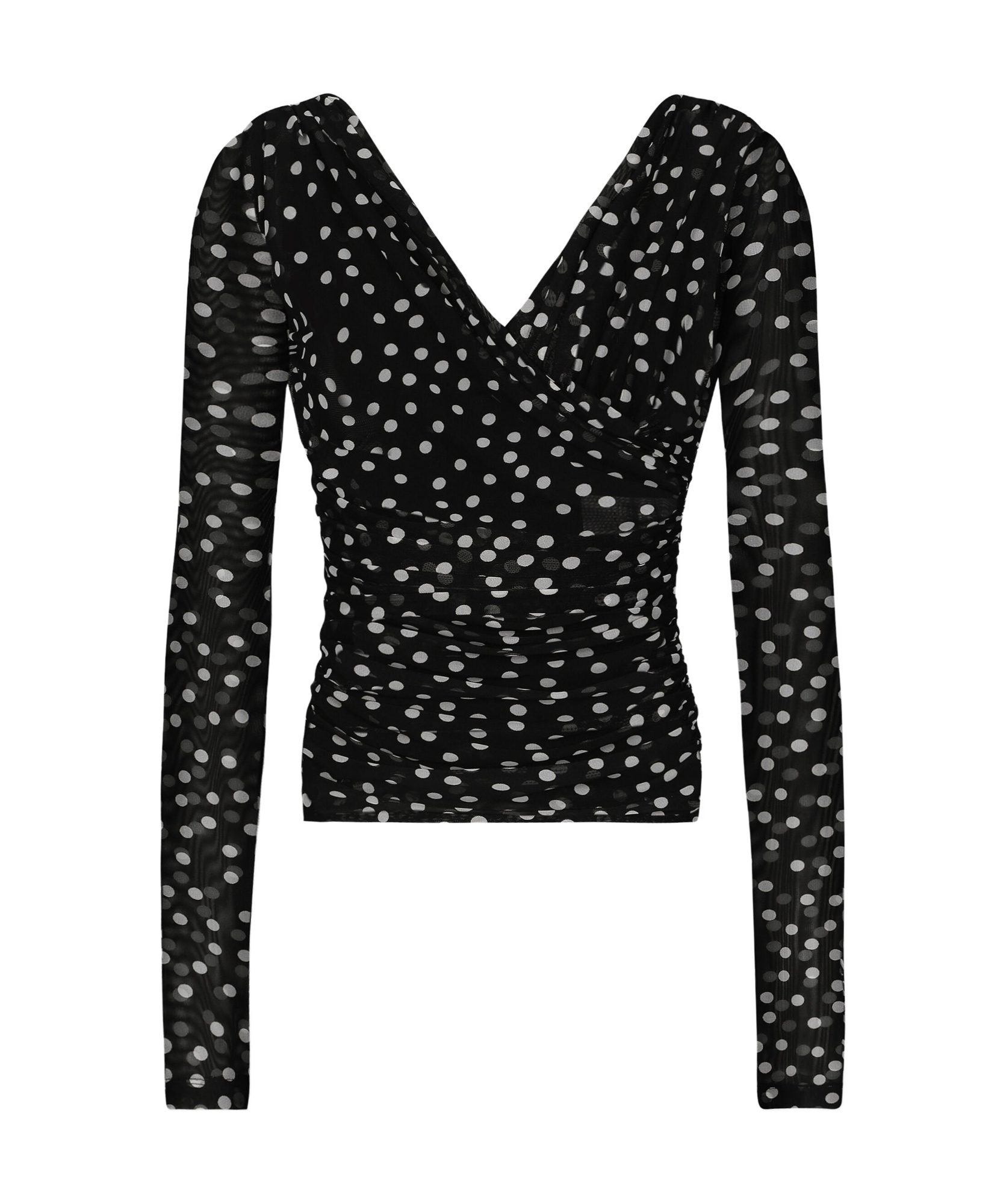 Dolce & Gabbana Stretch Tulle Top With Crossover Neckline And Polka Dot Print In Black