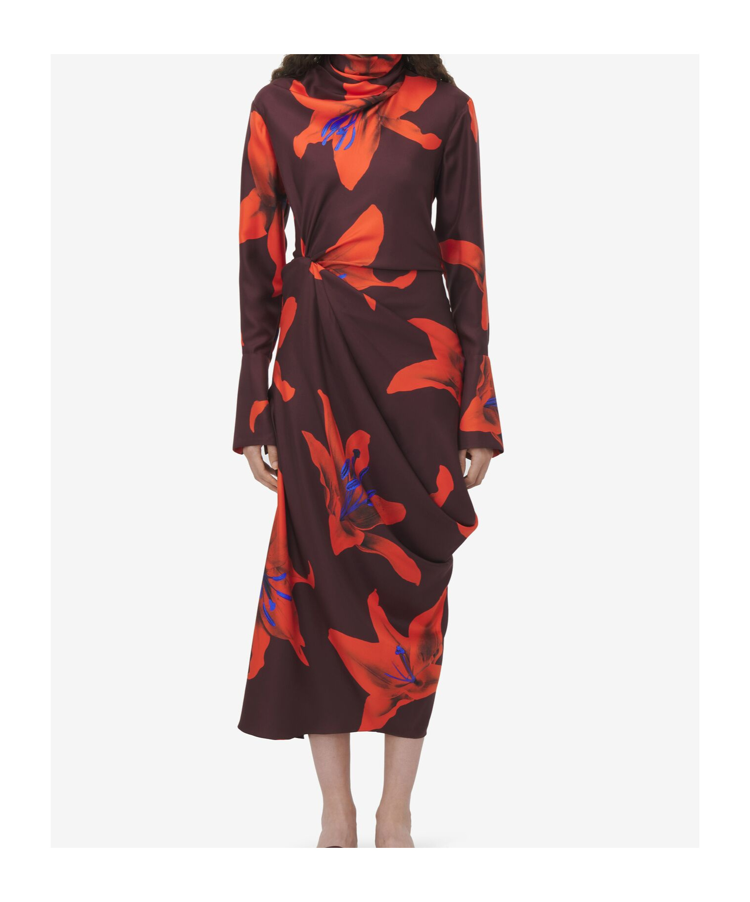 Alexander Mcqueen Turtleneck Floral Twisted Long-sleeve Midi Dress In Red