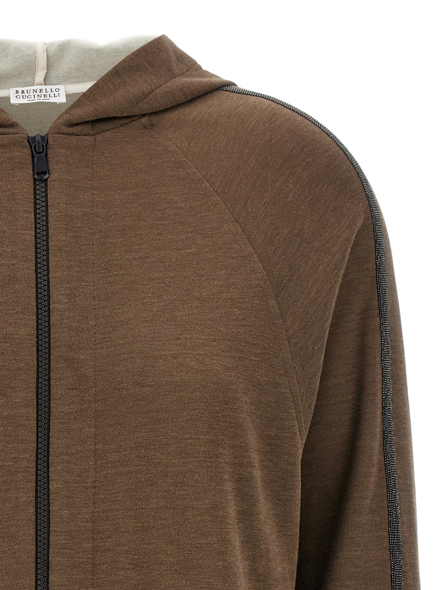 Brunello Cucinelli Brown Sweatshirt With Fixed Hood And Monil Detail On The Sleeve In Cotton Blend W