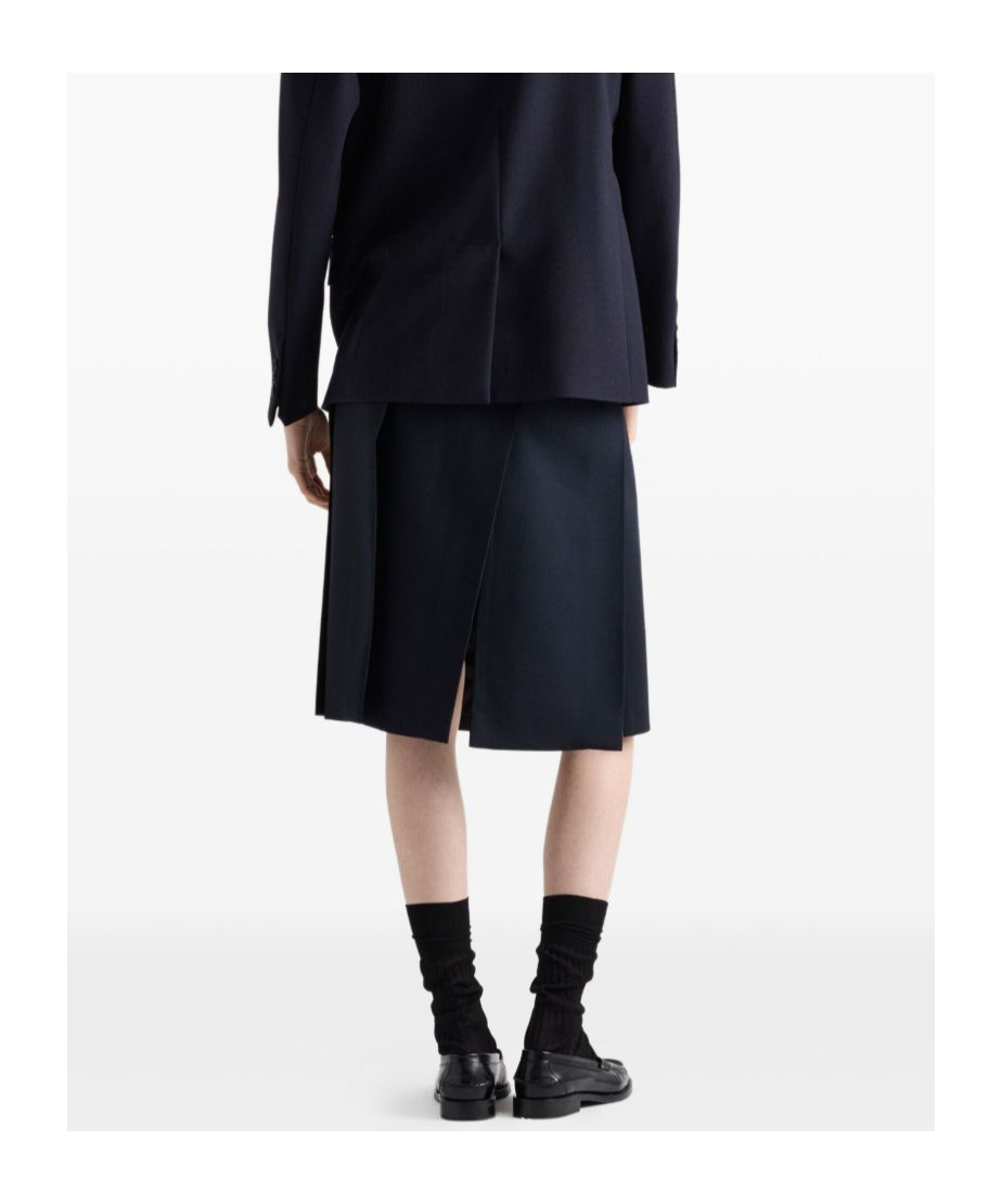 Prada Midi Skirt With Side Slit And Pleats In Blue