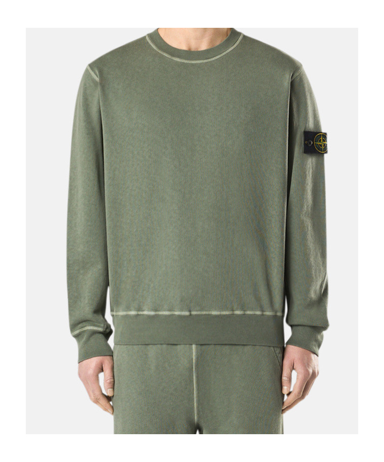 Stone Island Green Crewneck Sweatshirt With Logo Patch On The Sleeve In Cotton Man In Green