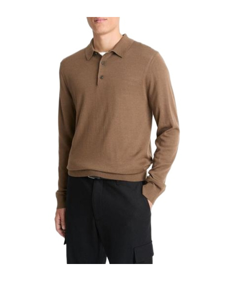 Vince Wool Long-sleeved Polo Shirt In Brown