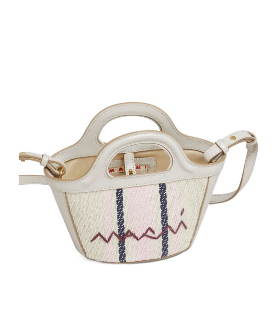 Marni Miniature Gray Leather And Sedge Effect Cloth Bag In Multicolor