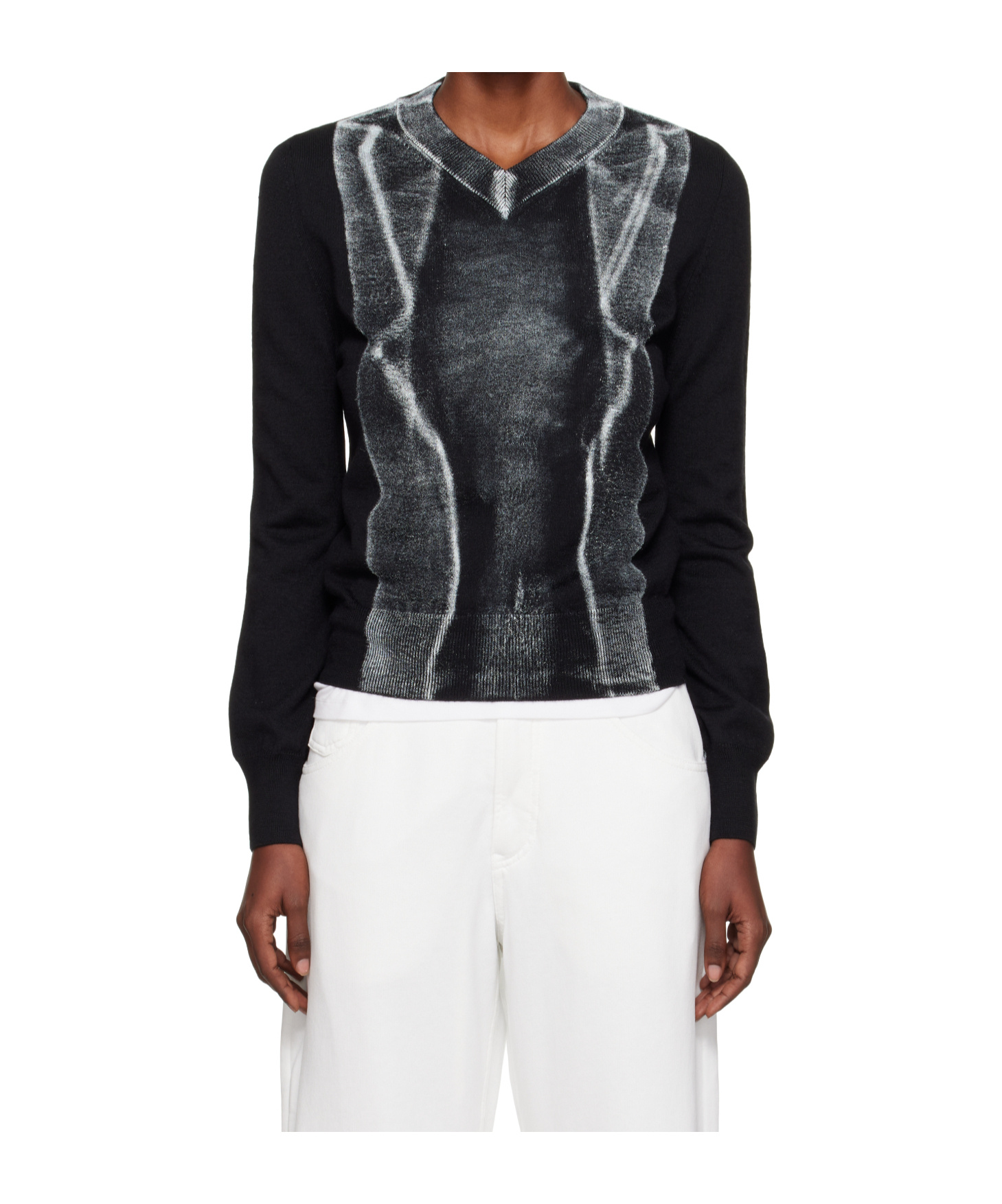 Mm6 Maison Margiela Folded Printed Gauge 14 V-neck Sweater In Black
