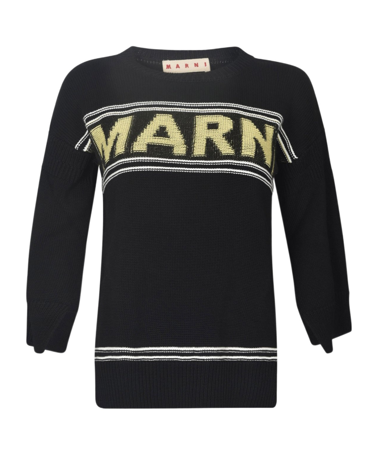 Marni Logo Intarsia Knitted Crewneck Jumper In Black