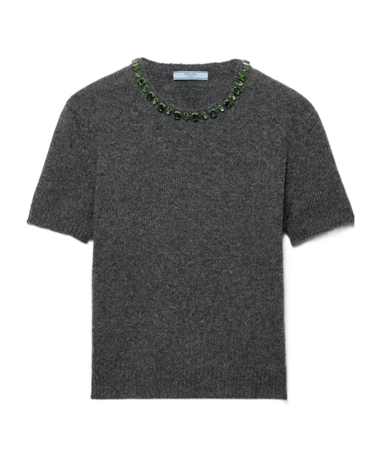 Prada Crystal-embellished Knitted T-shirt In Gray
