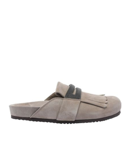 Brunello Cucinelli Suede Slides In Nude