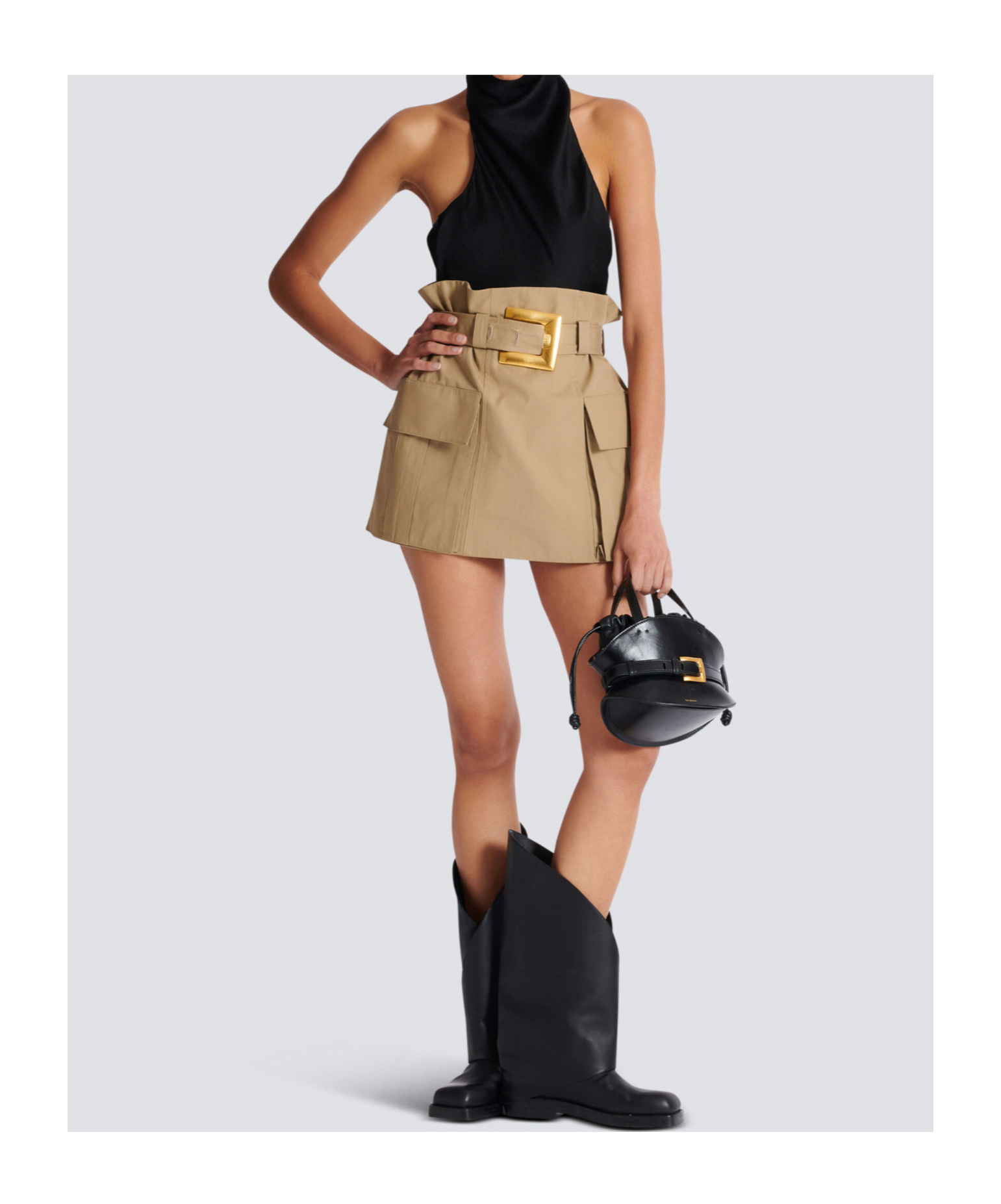 Balmain Cotton Gabardine High-waist Mini Skirt In Brown