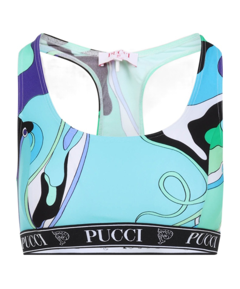 Emilio Pucci Crop Racerback Sleeveless Scoop Printed Top In Blue
