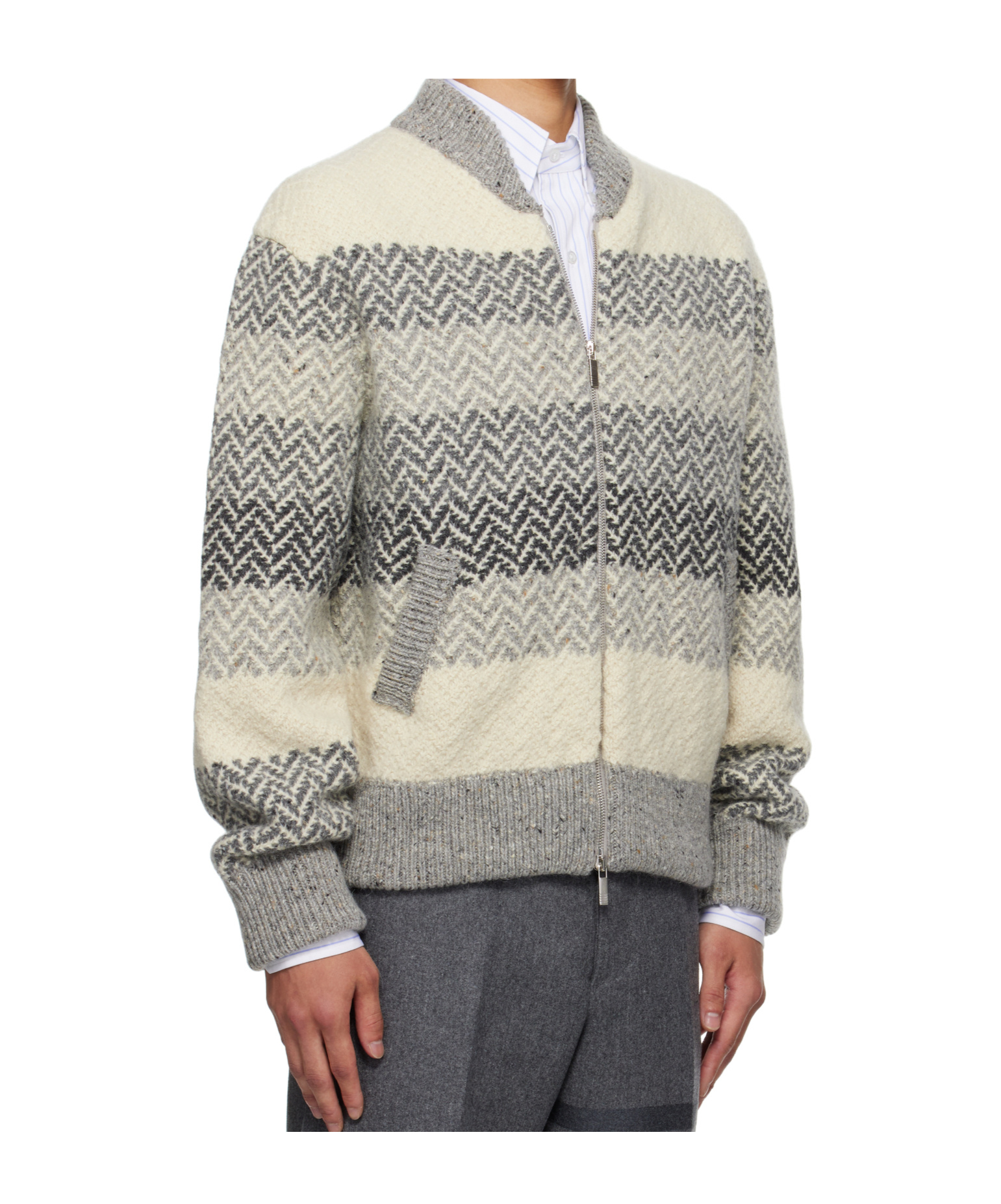 Thom Browne Chevron Striped Wool And Mohair Zip-up Cardigan In Gray