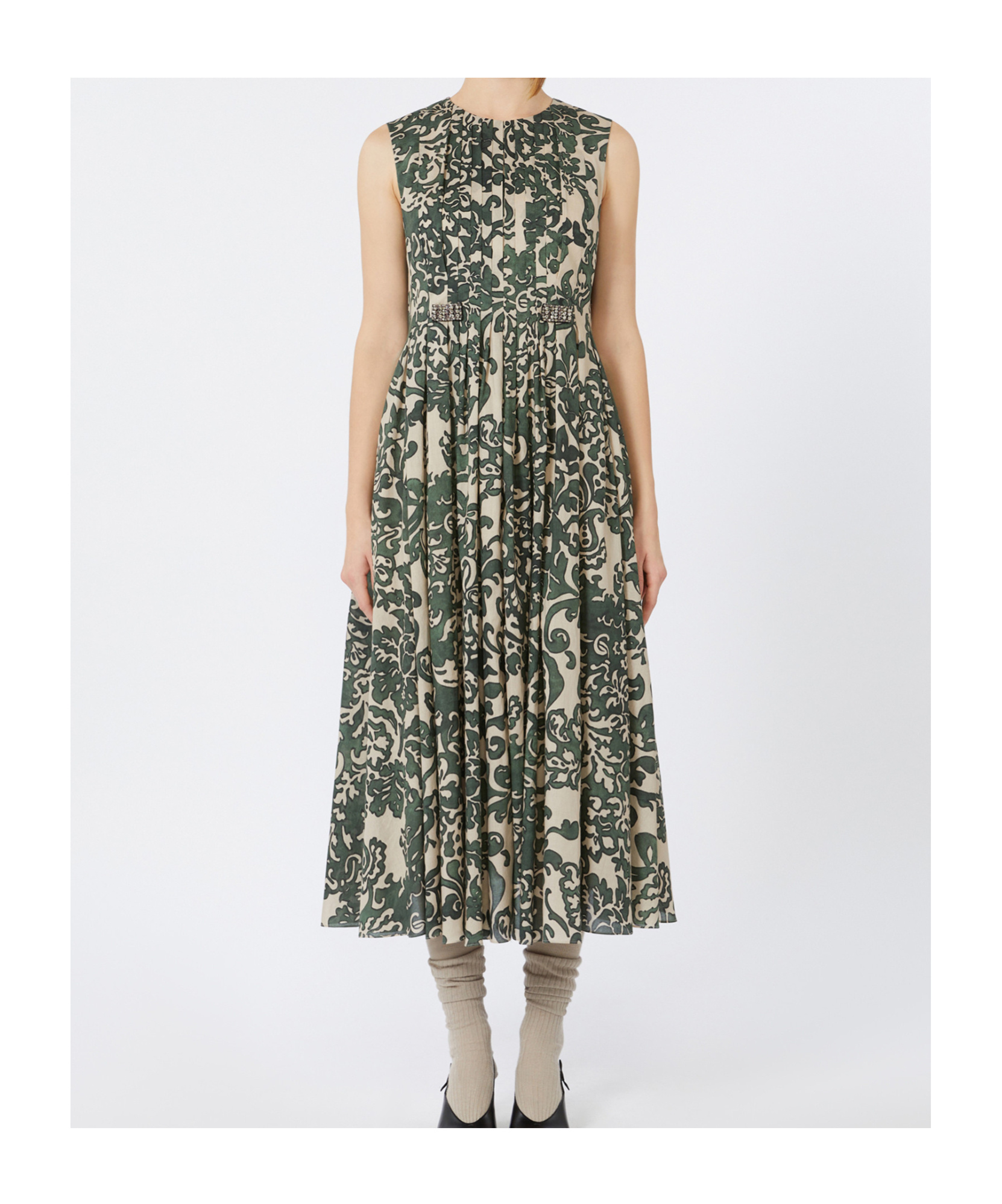 Max Mara Venic Print Pleated Cotton Voile Dress In Green