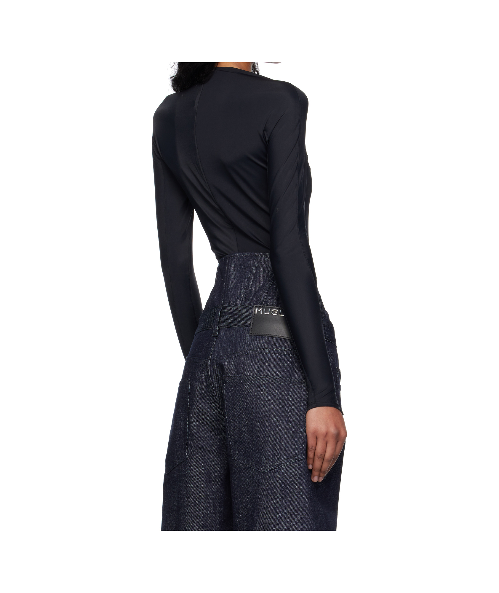 Mugler Logo-embossed Long-sleeved Bodysuit In Black