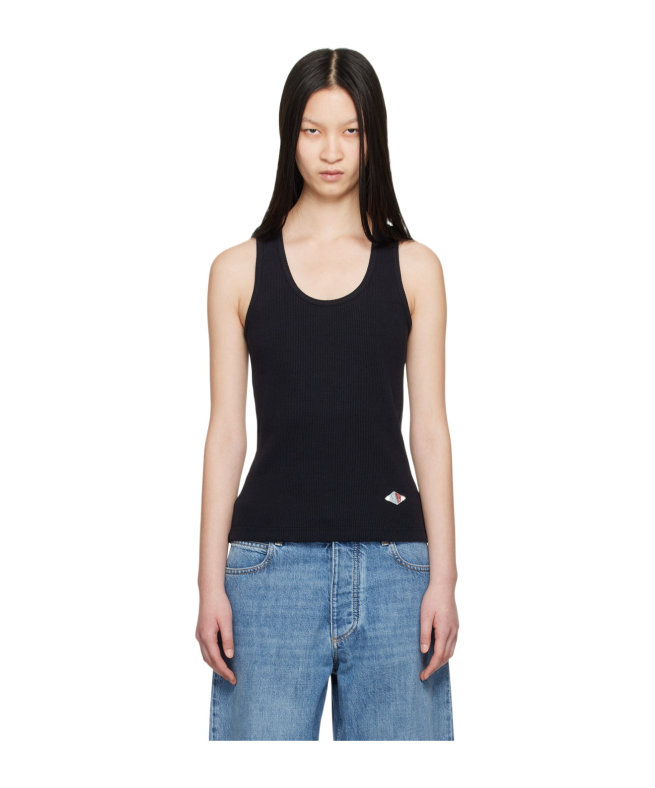 Bottega Veneta Navy Logo Patch Tank Top In Black