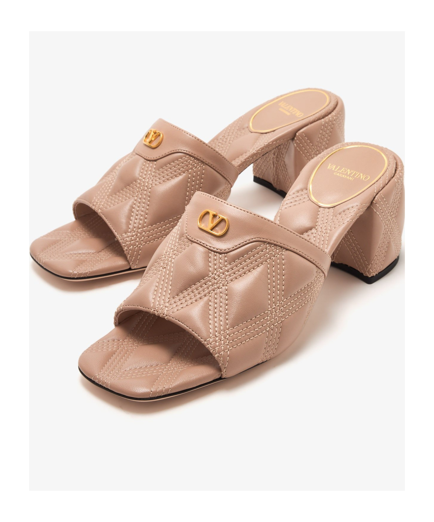 Valentino Antiqued Pink Leather Quiltie Mules In Nude