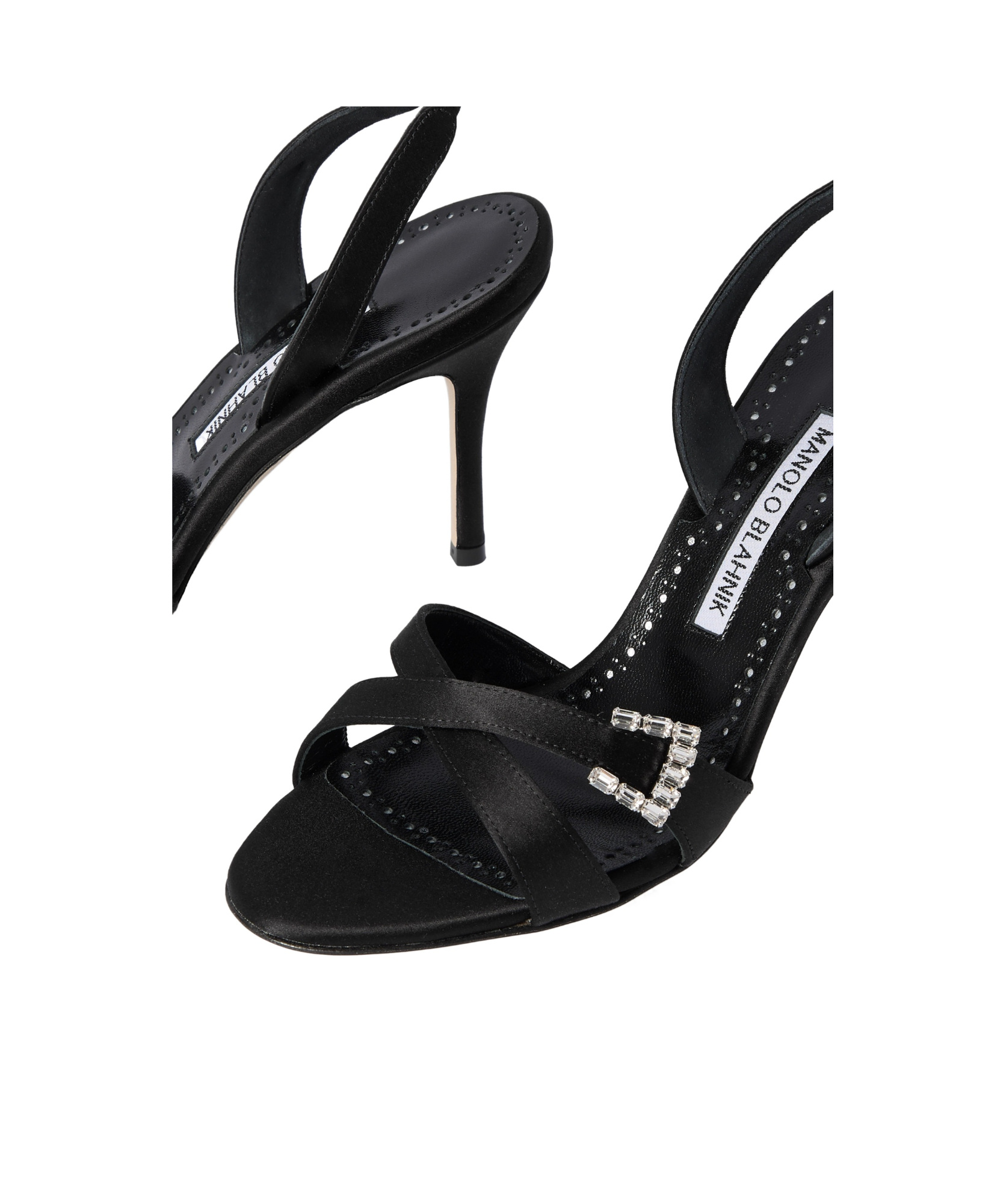 Manolo Blahnik Satin Crisscross Buckle Slingback Sandals In Black