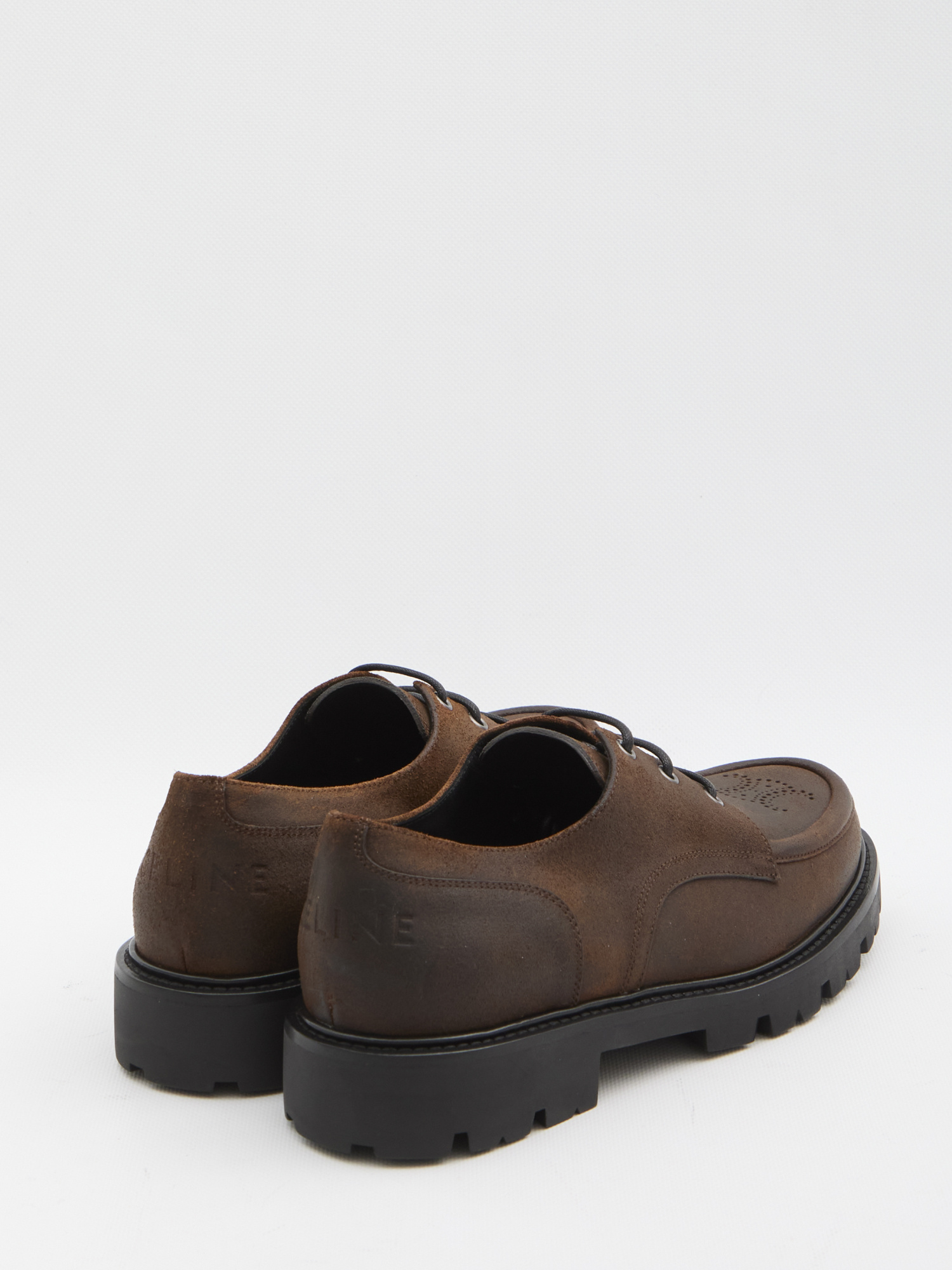 Celine Margaret Derby Loafer In Waxed Suede Calfskin In Brown