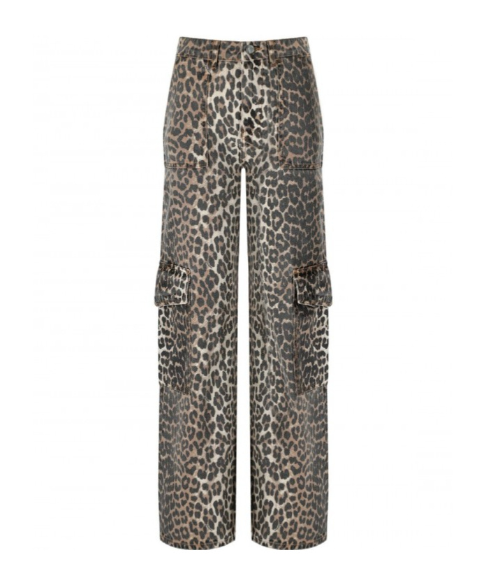 Ganni Angi Animal Print Cargo Jeans In Black