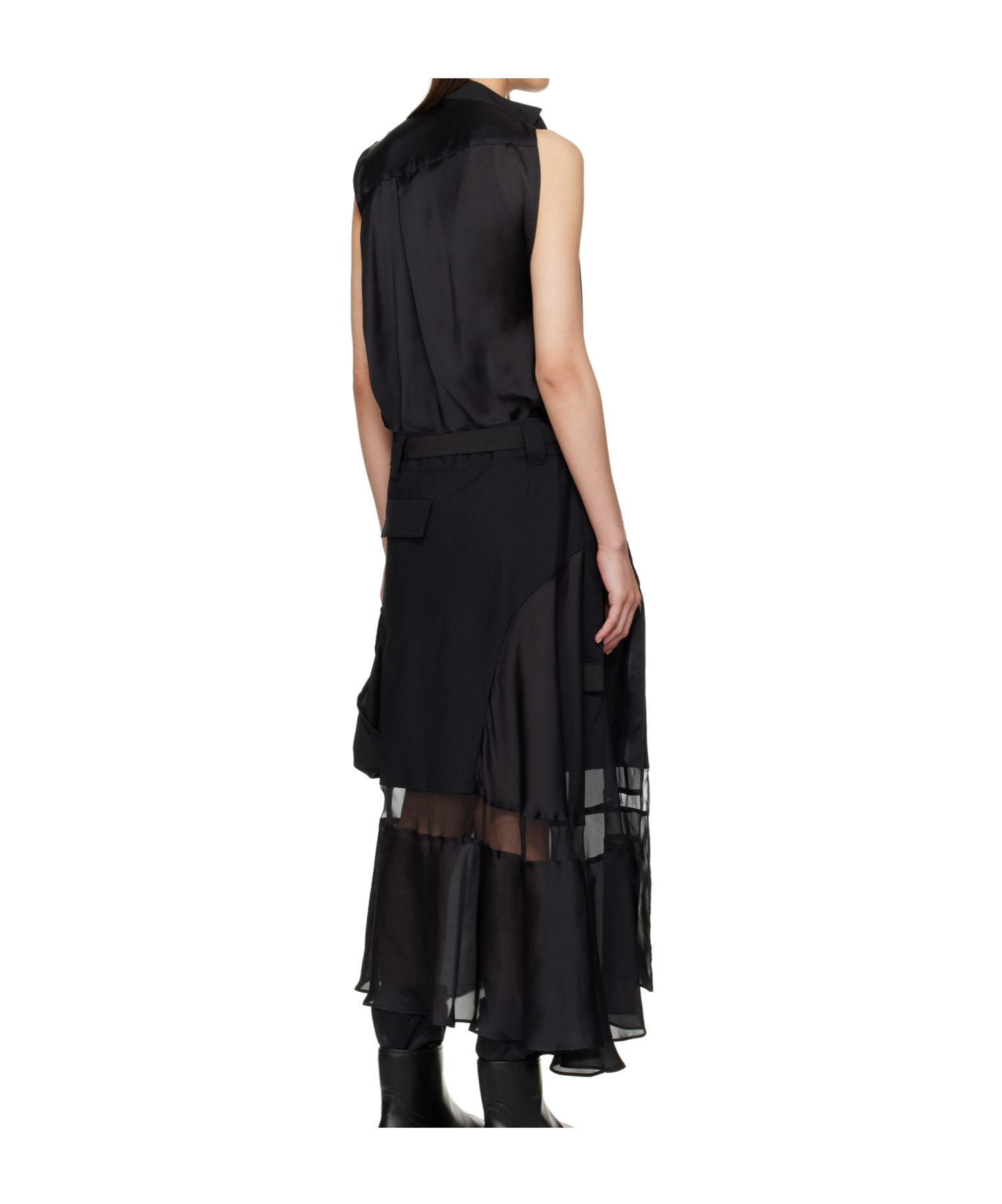 Sacai Sheer-panelled Belted Dress In Black