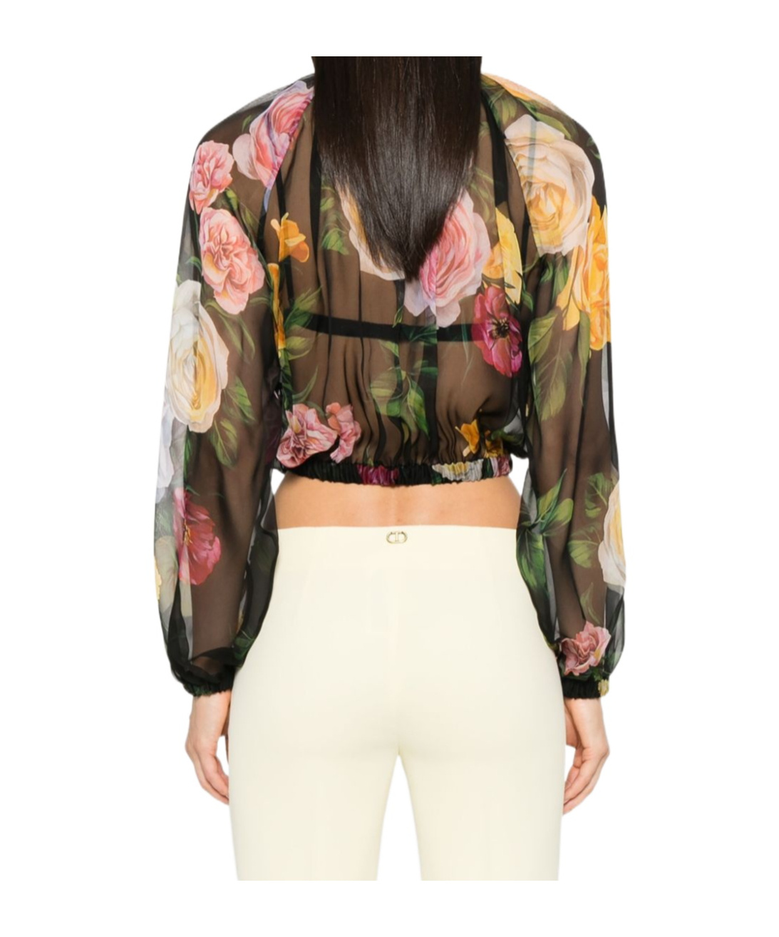 Dolce & Gabbana Rose Tie-neck Chiffon Cropped Blouse In Black