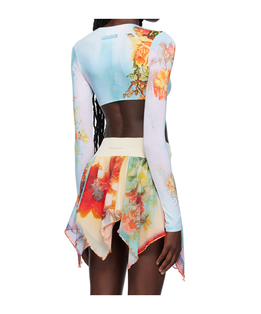 Jean Paul Gaultier Womens Pink Yellow Flower-print Cropped Stretch-woven Top In Blue