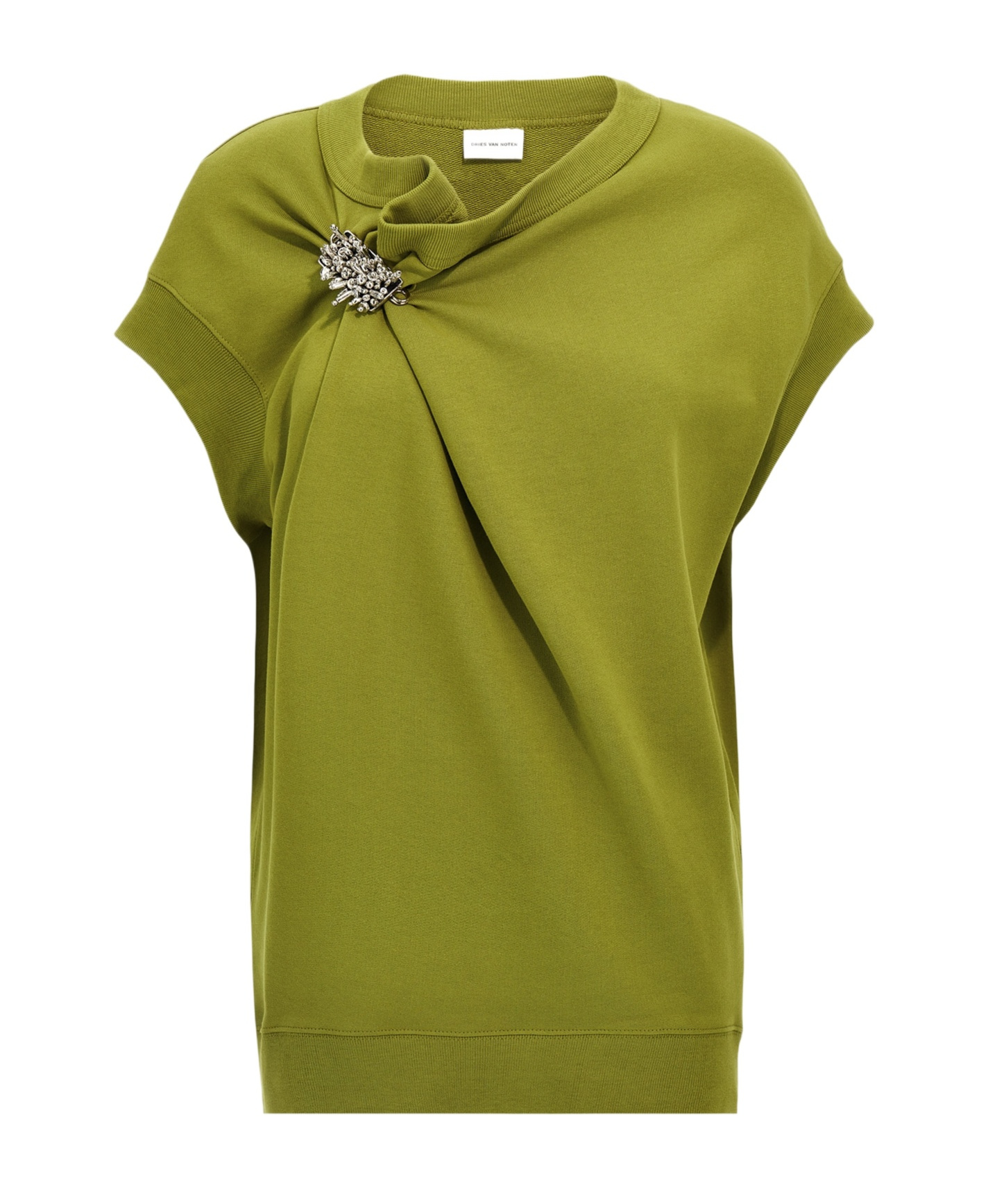 Dries Van Noten 'cap Sleeves Draped Embellished Trim Sweatshirt' In Green