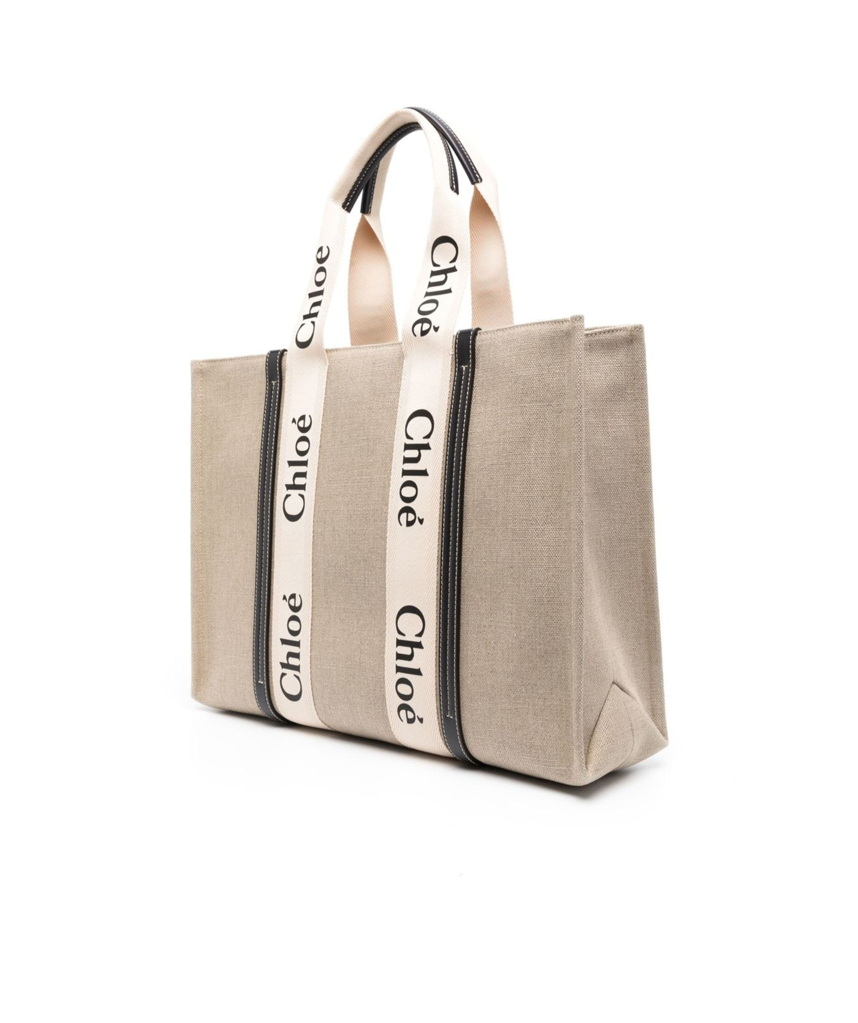 Chloé Large Woody Tote Bag In Linen White Size Onesize 100% Linen, Calf-skin Leather, Polyester In Nude