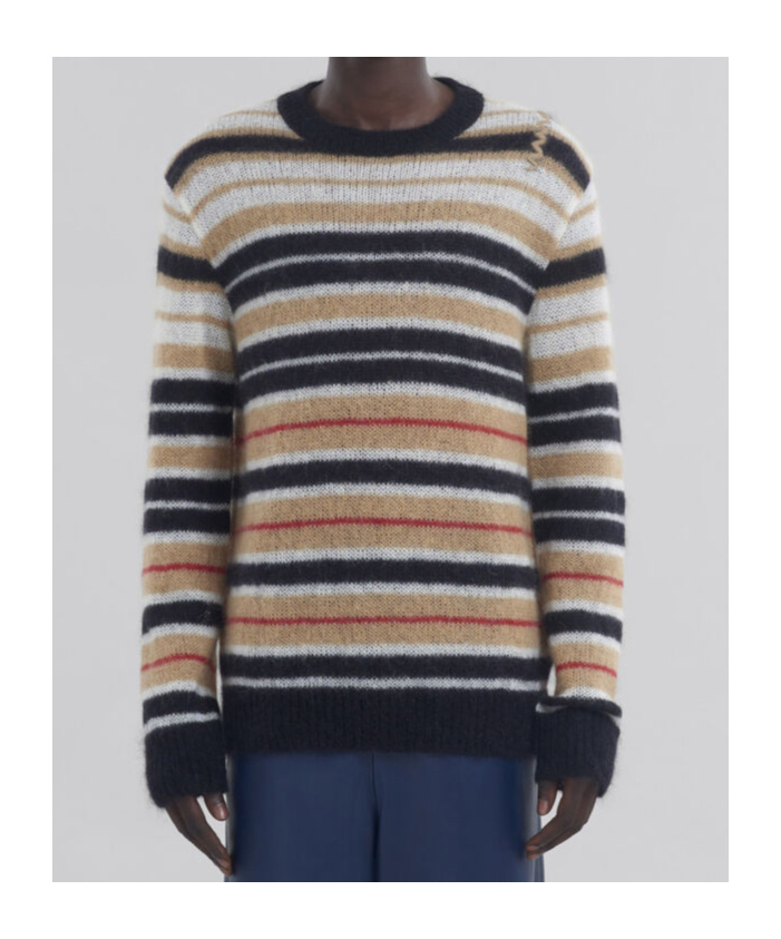 Marni Crew Neck Mohair Blend Sweater With Striped Pattern In Black