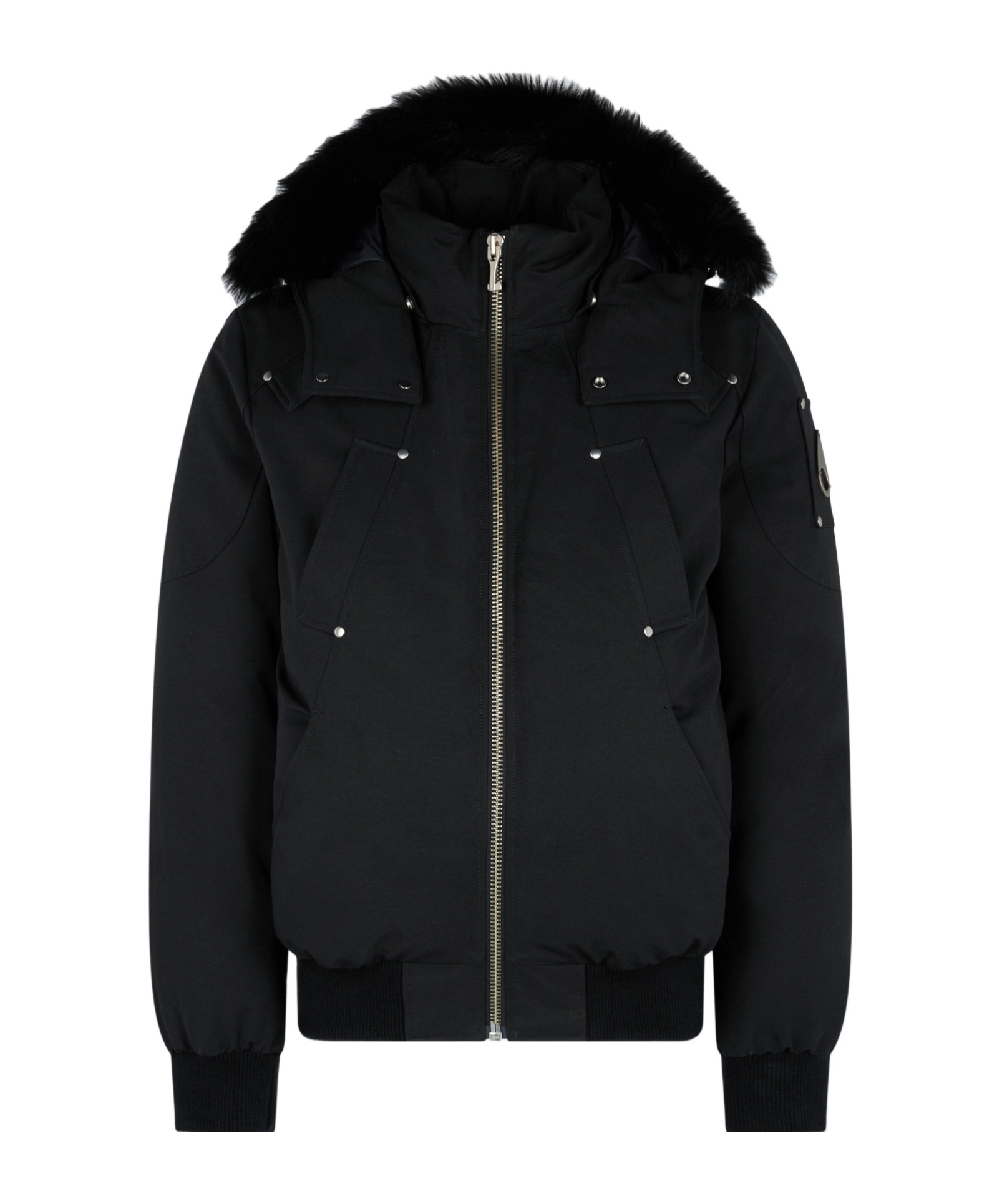 Moose Knuckles Shearling Trim Down Bomber Jacket In Black