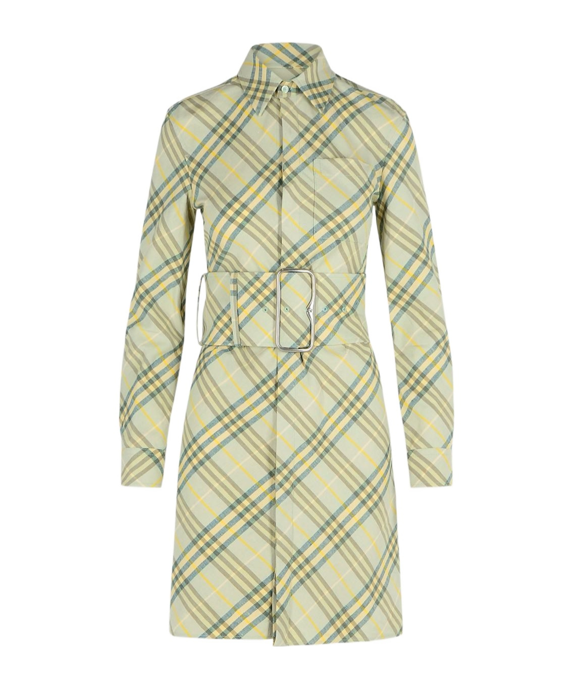 Burberry Belted Checked Linen-bend Mini Shirt Dress In Green