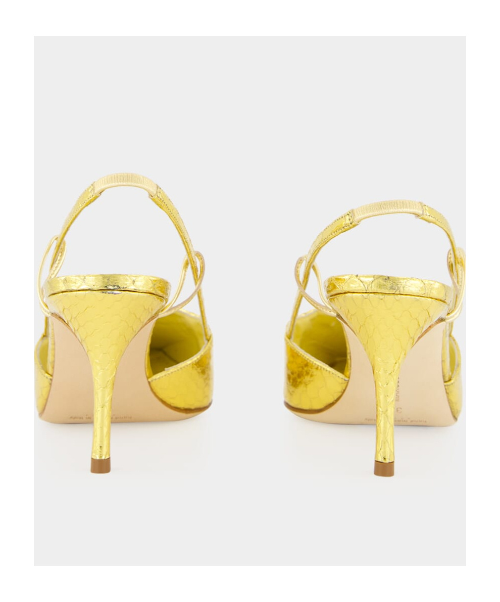 Manolo Blahnik Touki 70 Metallic Elaphe Slingback Pumps In Gold