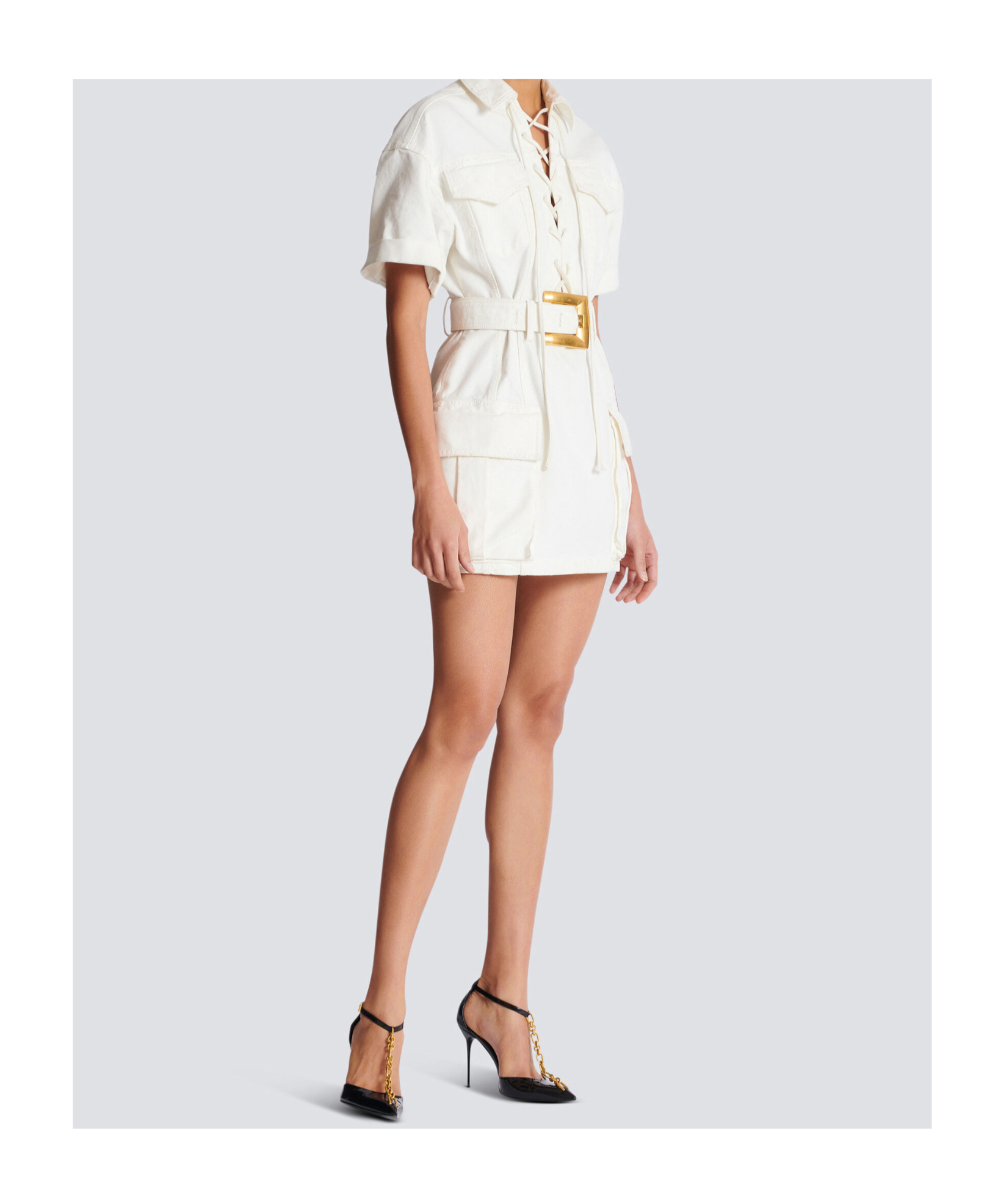 Balmain Short Dress With Belted Waist And Front Pockets